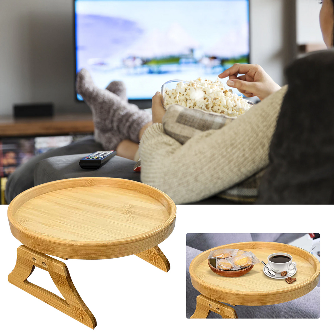 BowLift | Bamboo Sofa Armrest Clip-On Round Tray