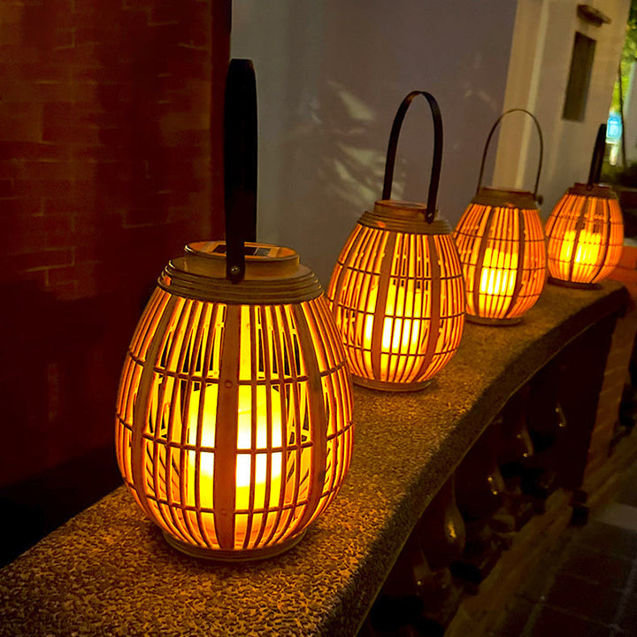Modern Art Deco Solar Round Lantern Rattan LED Outdoor Landscape Light For Garden | Bowlift