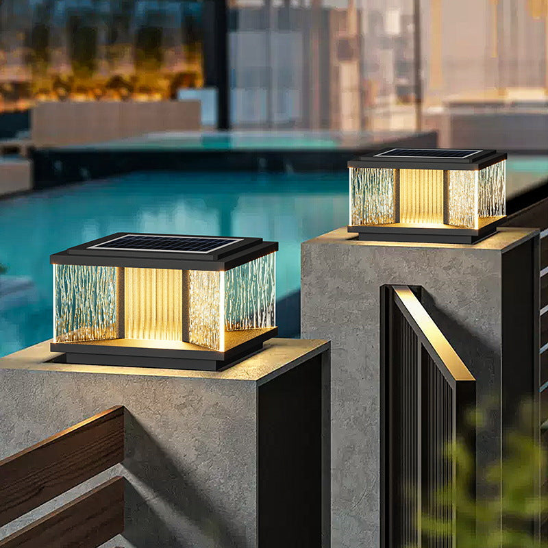 Modern Simplicity Aluminum Square Water-Rippled Glass LED Waterproof Solar Post Lamp Lawn Light For Garden | Bowlift