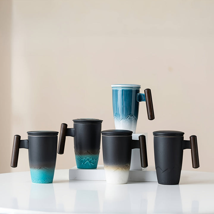 BowLift | TeaCraft Ceramic Mug | Handmade | With Tea Infuser & Wooden Handle | Retro Design