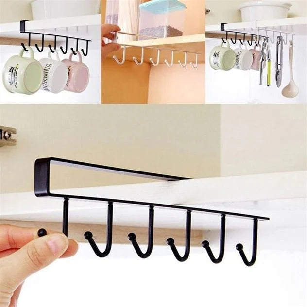Cabinet Under Shelf 6 Hooks Iron Hanging Rack Bowlift