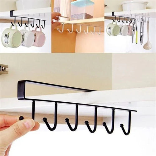 Cabinet Under Shelf 6 Hooks Iron Hanging Rack Bowlift
