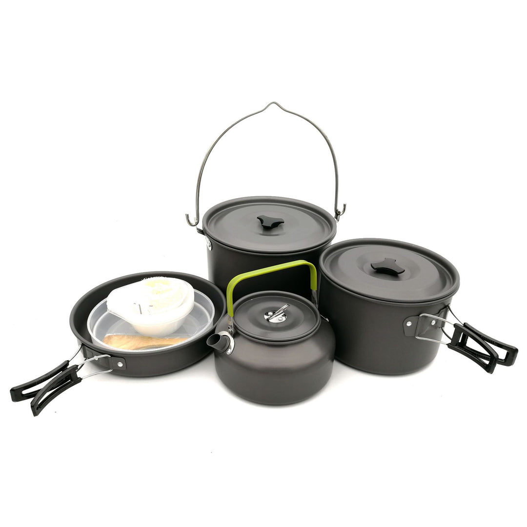 lightweight anodized aluminum camping cookware set with nesting pots kettle folding handles and nonstick interiors Bowlift