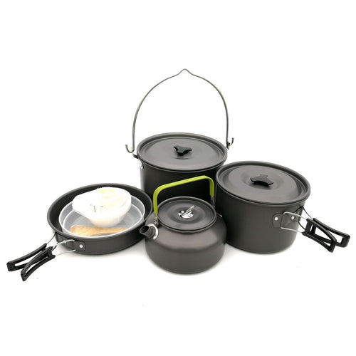 lightweight anodized aluminum camping cookware set with nesting pots kettle folding handles and nonstick interiors Bowlift