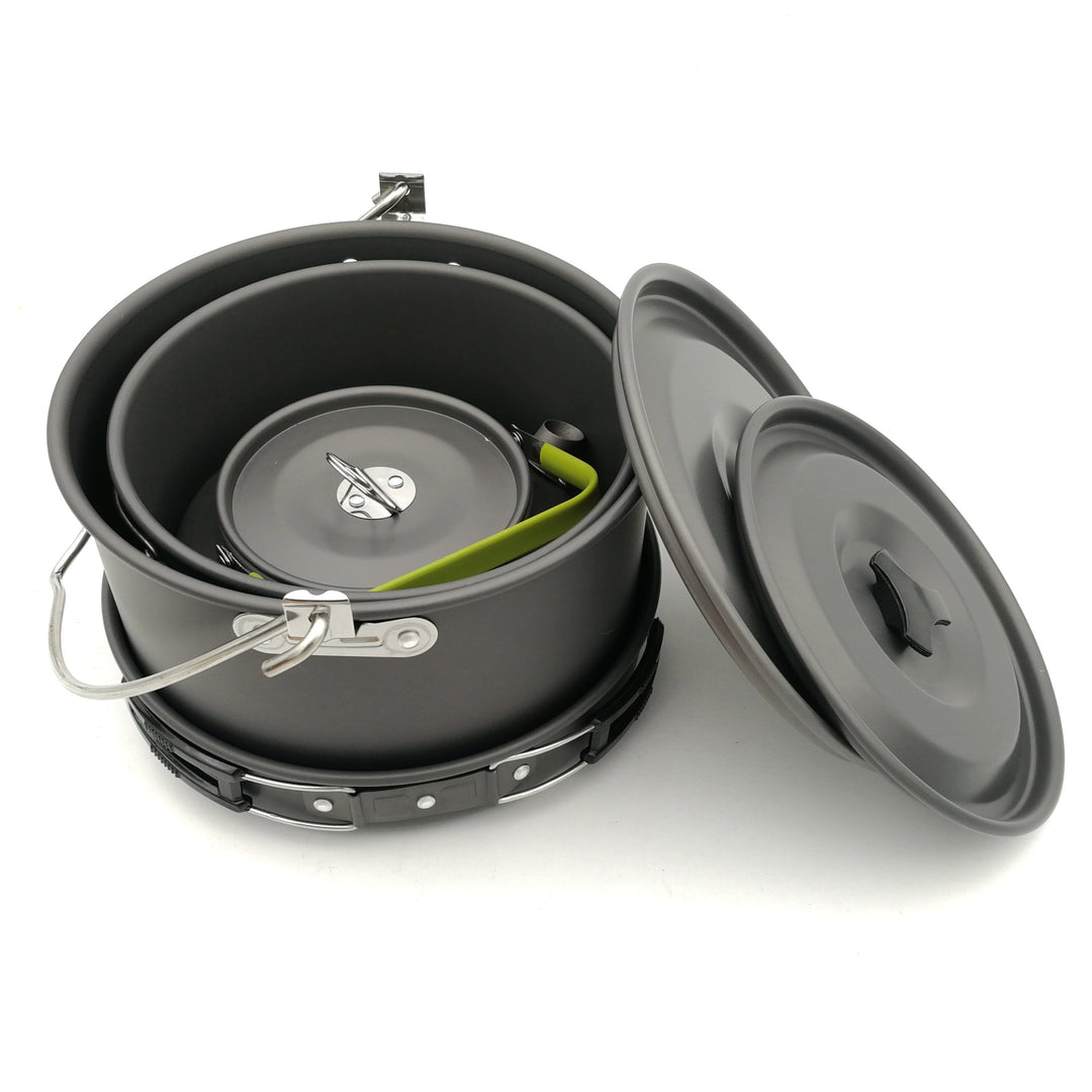 lightweight anodized aluminum camping cookware set with nesting pots kettle folding handles and nonstick interiors Bowlift