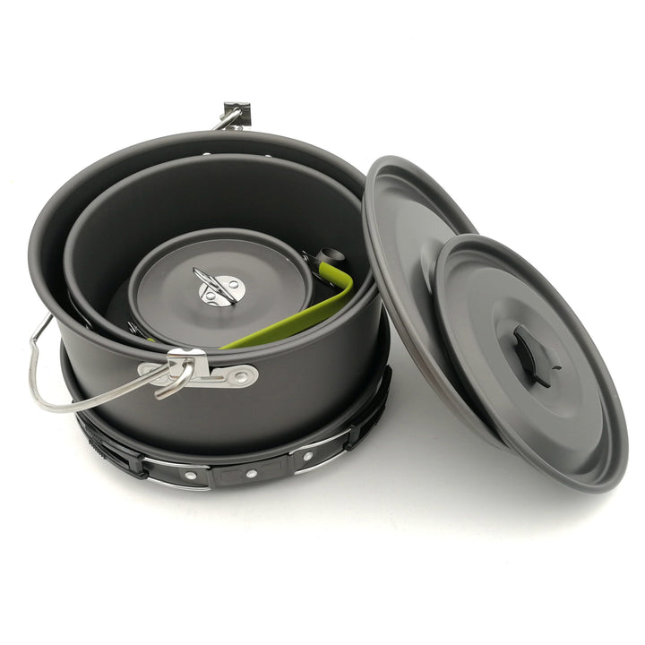 lightweight anodized aluminum camping cookware set with nesting pots kettle folding handles and nonstick interiors Bowlift