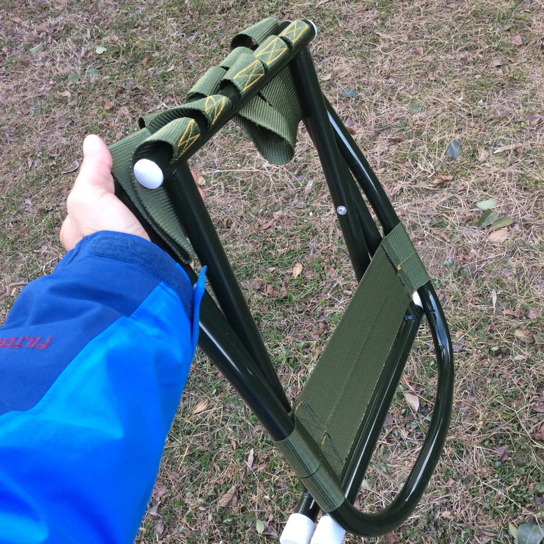 Portable folding camp stool with supportive backrest and heavy-duty webbing Bowlift