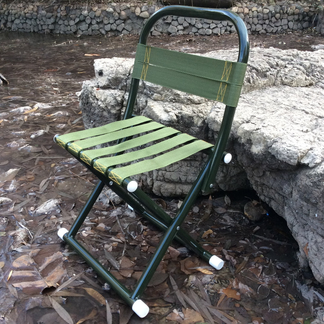 Portable folding camp stool with supportive backrest and heavy-duty webbing Bowlift