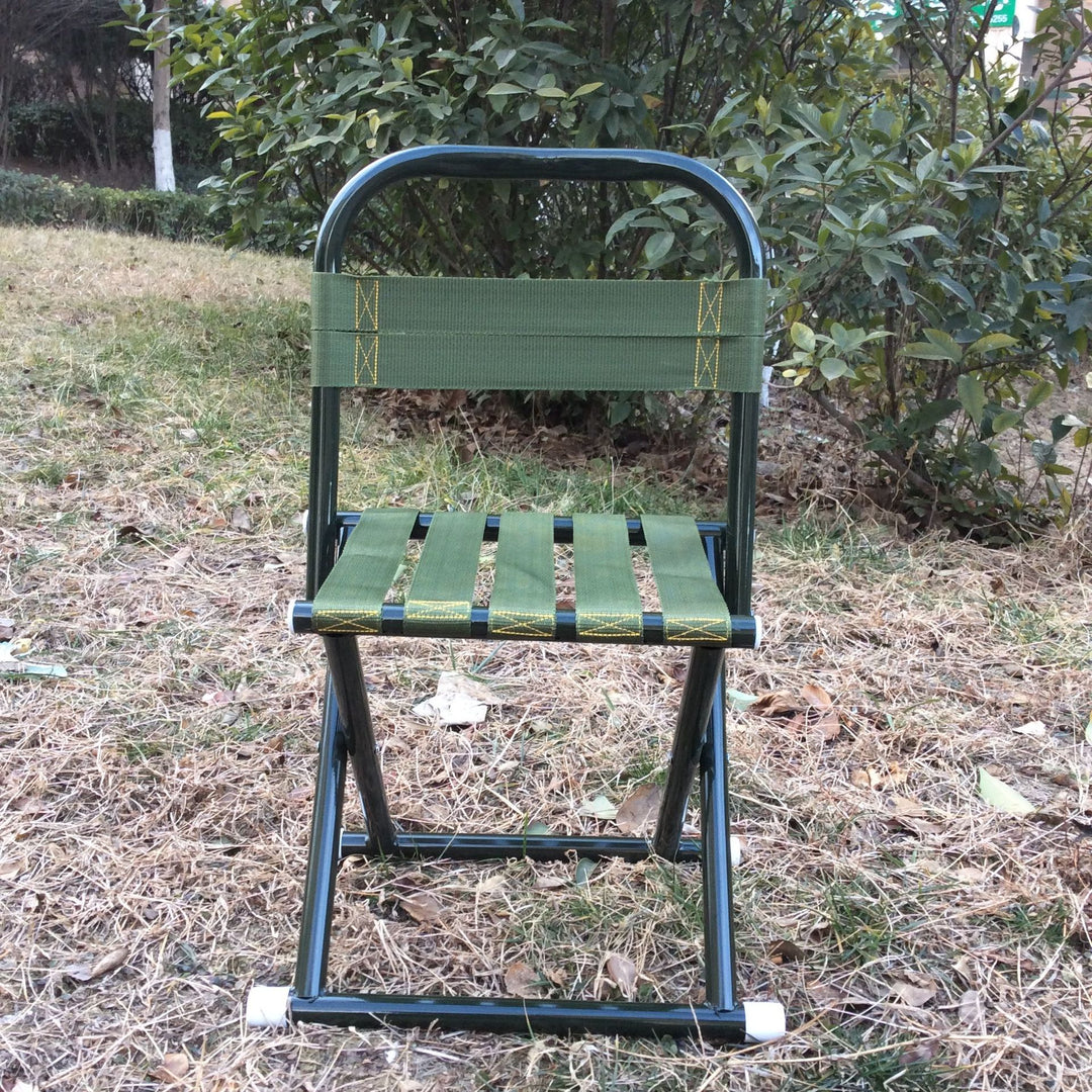 Portable folding camp stool with supportive backrest and heavy-duty webbing Bowlift