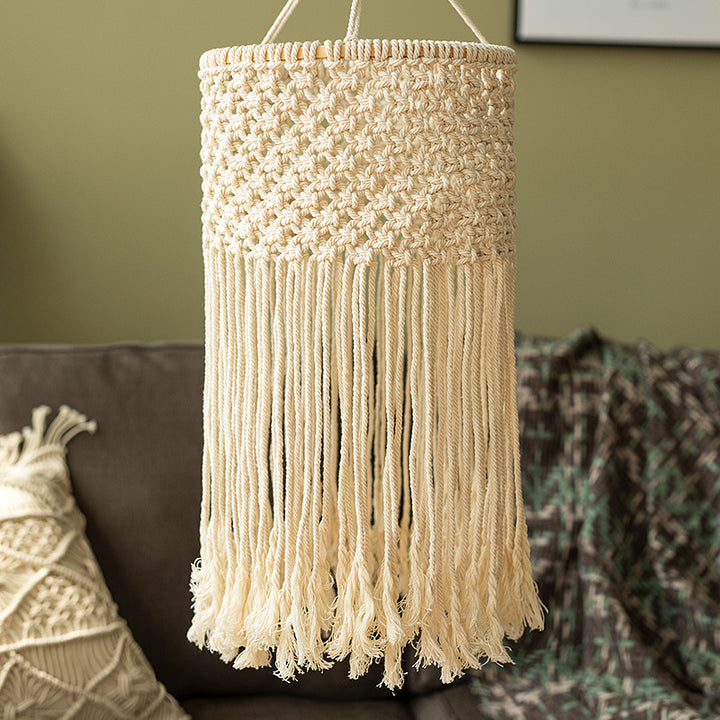 Macramé pendant light with hand-knotted cotton shade and decorative fringes Bowlift