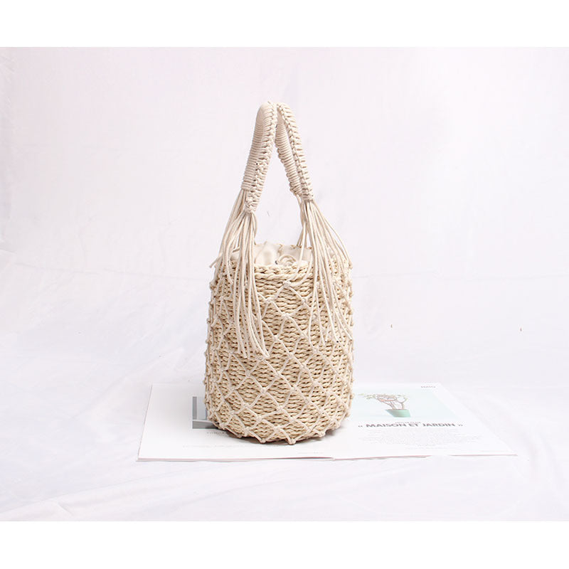 Braided Macrame Shoulder Bag with Decorative Fringe Bowlift
