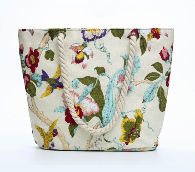 Floral Pattern Beach Bag with Sturdy Cord Handles Bowlift