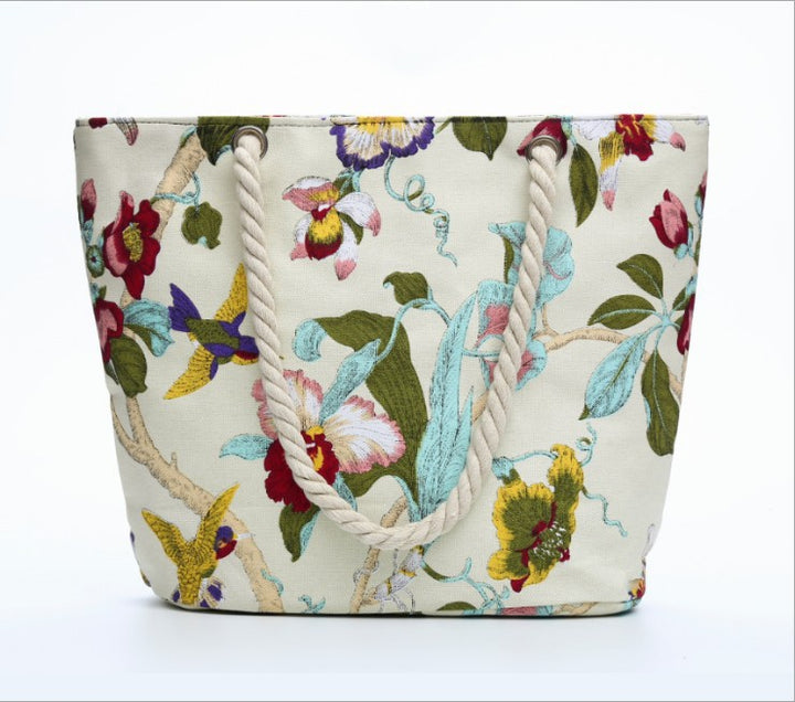 Floral Pattern Beach Bag with Sturdy Cord Handles Bowlift