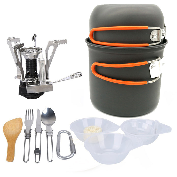 compact lightweight camping cookware and backpacking cook set with folding stove and nesting non-stick pots Bowlift