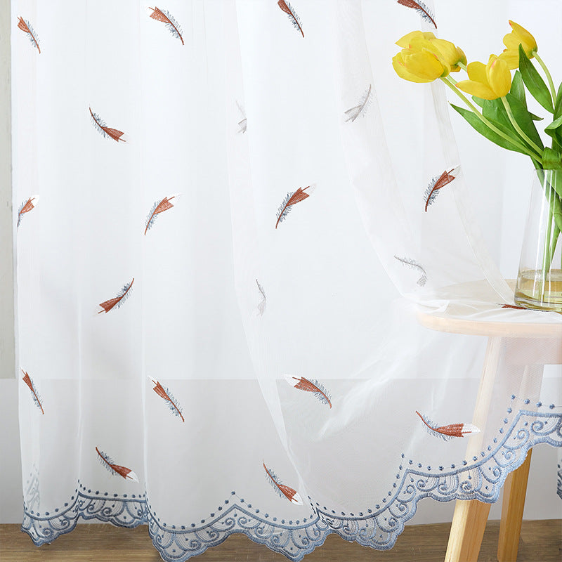 Transparent Voile Curtain with Fine Feather Embroidery and Wavy Lace Edge Bowlift