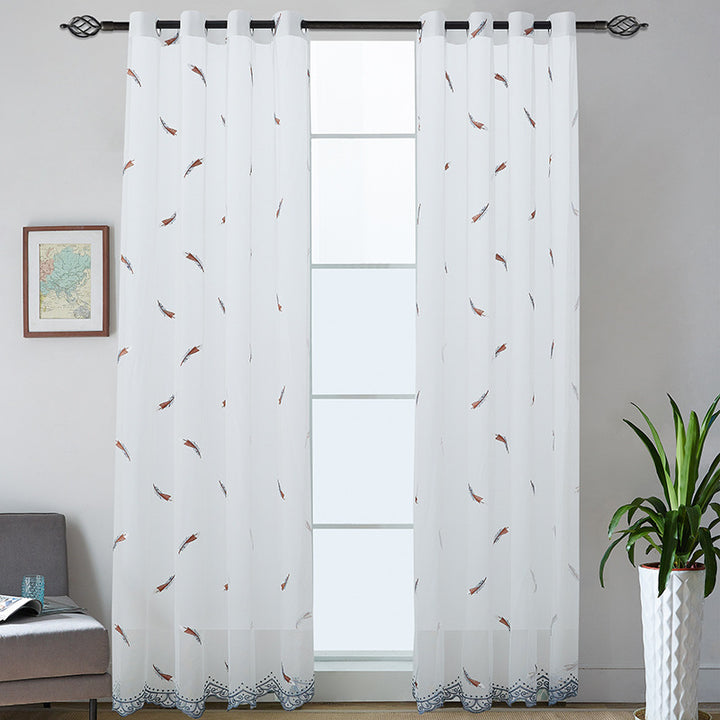 Transparent Voile Curtain with Fine Feather Embroidery and Wavy Lace Edge Bowlift