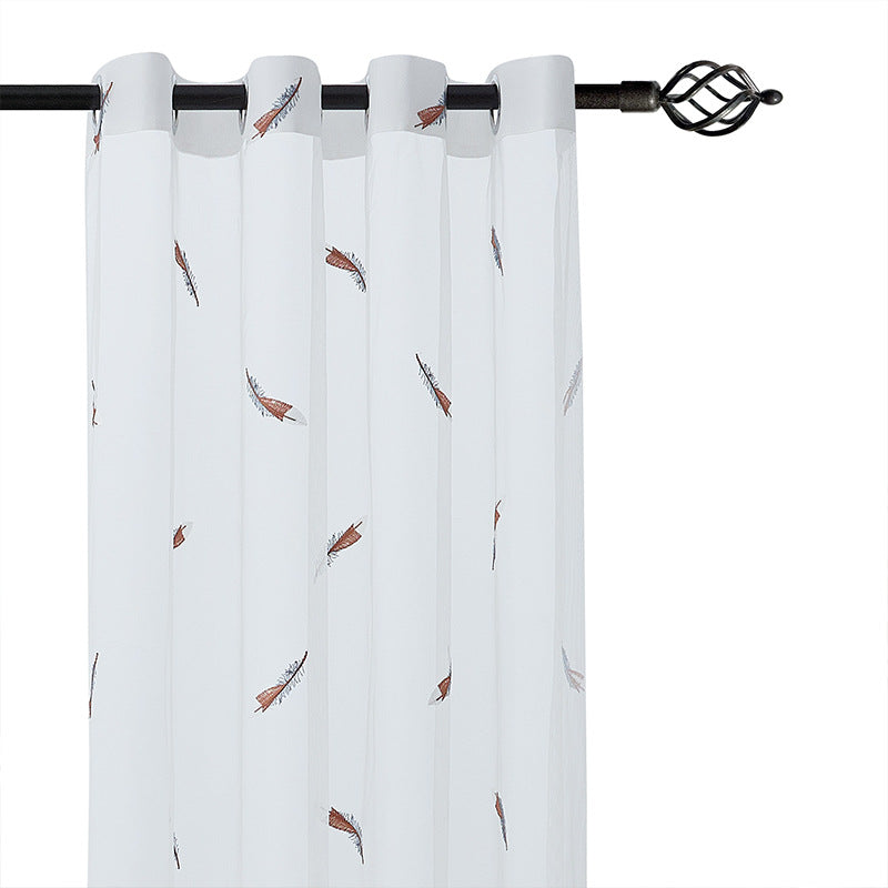 Transparent Voile Curtain with Fine Feather Embroidery and Wavy Lace Edge Bowlift