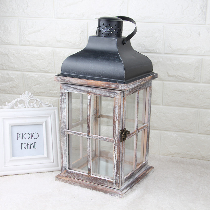 Rustic Wooden Glass-Paneled Lantern with Metal Roof and Latch Candle Holder Bowlift