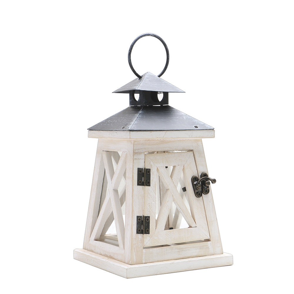 Rustic Wooden Glass-Paneled Lantern with Metal Roof and Latch Candle Holder Bowlift