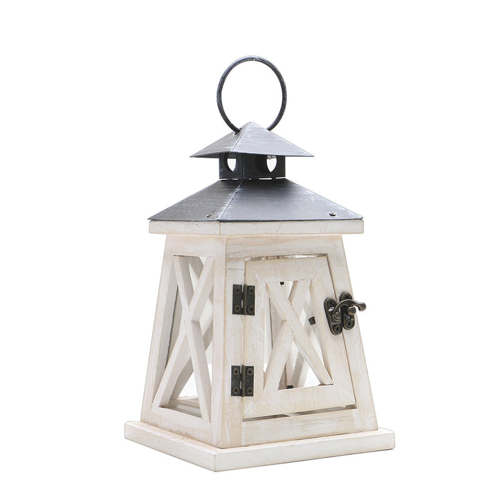 Rustic Wooden Glass-Paneled Lantern with Metal Roof and Latch Candle Holder Bowlift