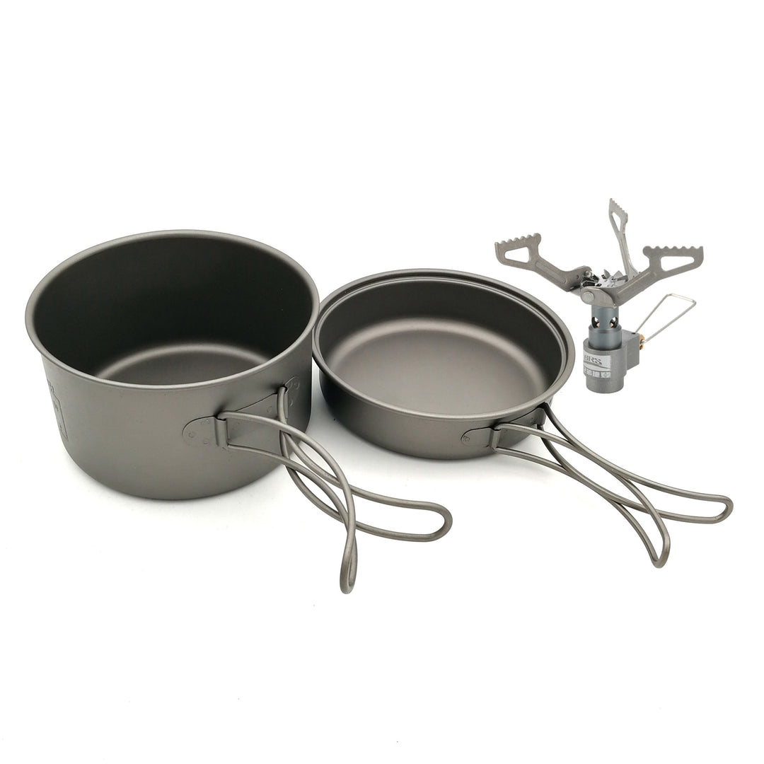 ultra-light titanium backpacking cook set with nesting pots, non-stick finish, foldable handles and compact micro gas burner Bowlift