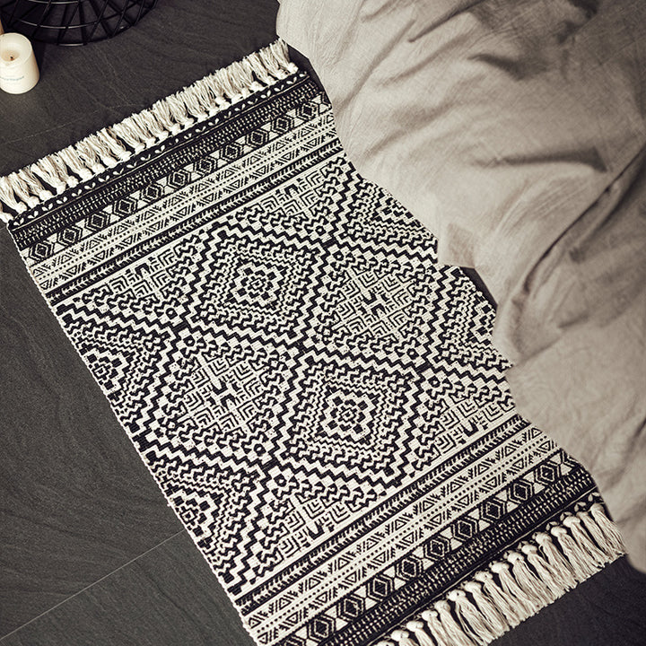 Flat-woven cotton runner in Boho-Tribal design with geometric diamond patterns and hand-fringed edge