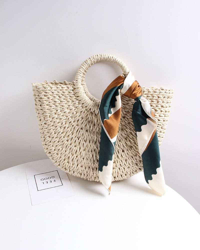 Braided basket bag with elegant silk scarf Bowlift