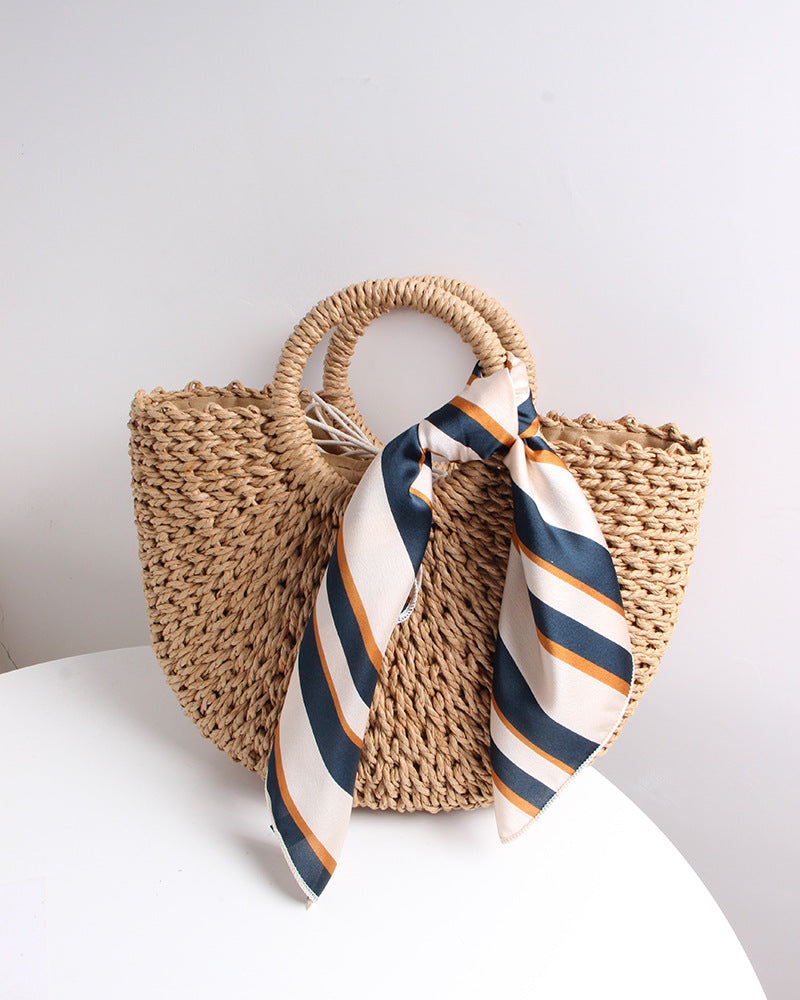 Braided basket bag with elegant silk scarf Bowlift