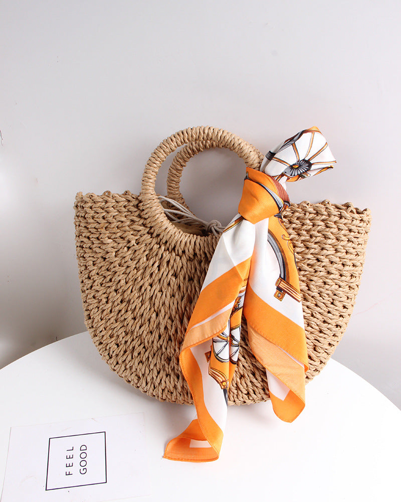 Braided basket bag with elegant silk scarf Bowlift