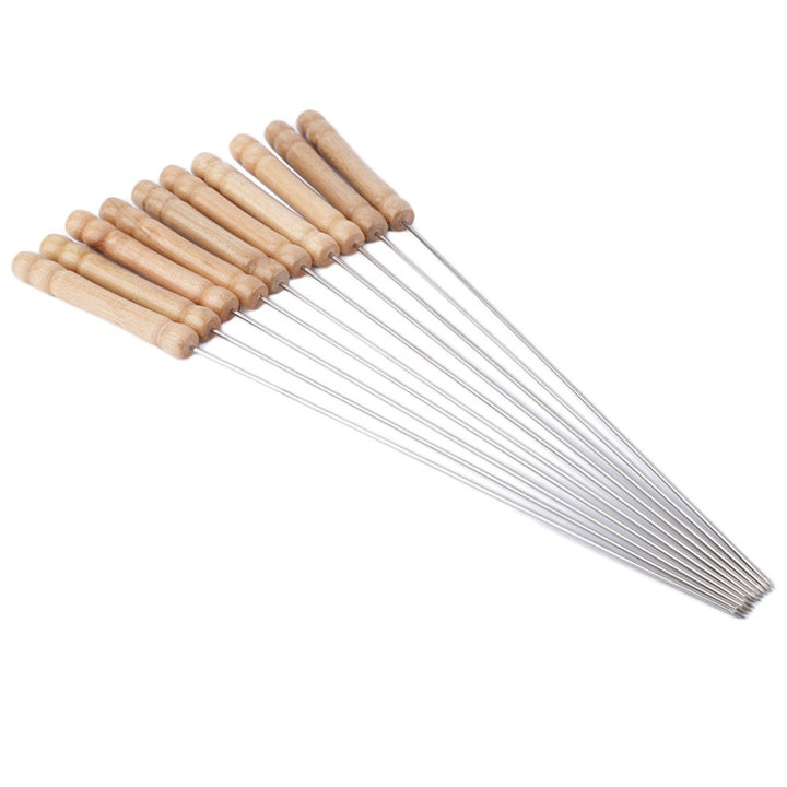 Stainless Steel BBQ Skewer Set with Dual Prong Blades and Ergonomic Wooden Handles Bowlift