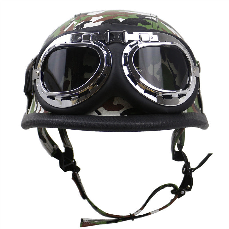 Vintage Leather Biker Helmet with Goggles Bowlift
