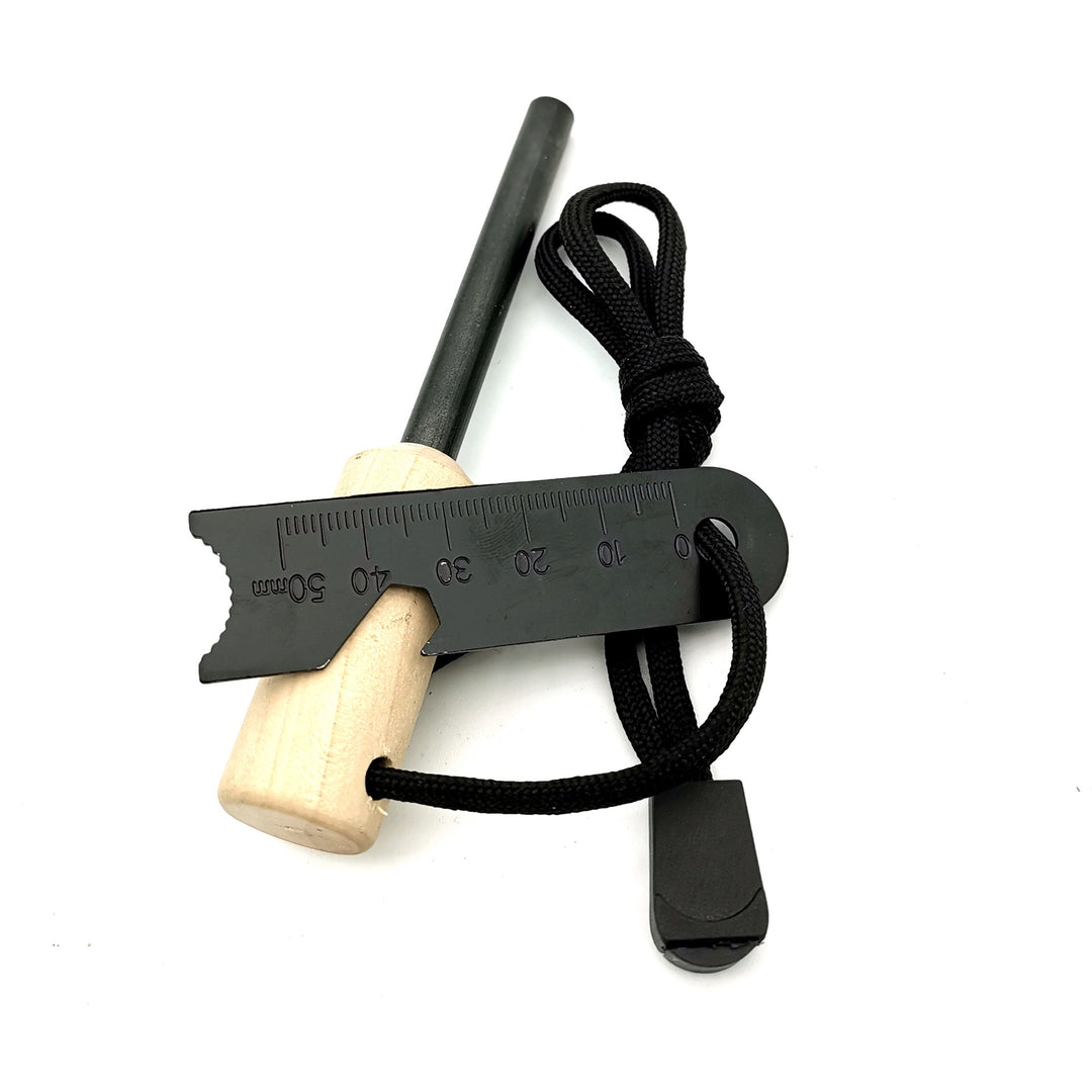 ferrocerium fire starter rod with wooden handle tactical striker multi-tool and paracord lanyard Bowlift