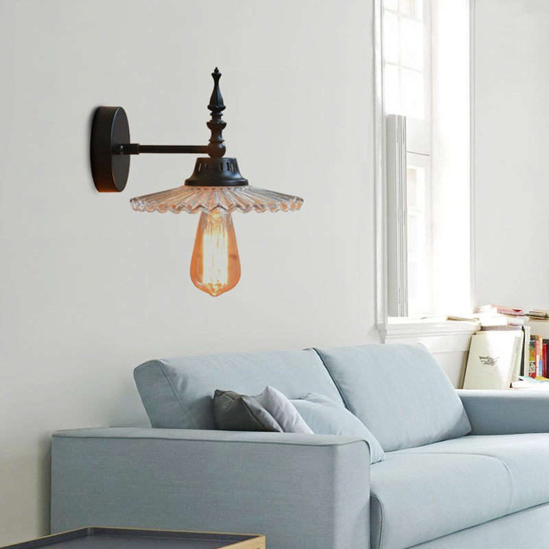 BowLift | Clear/Green Glass Black Wall Light Cone/Wide Flare 1-Light Industrial Wall Lamp for Living Room