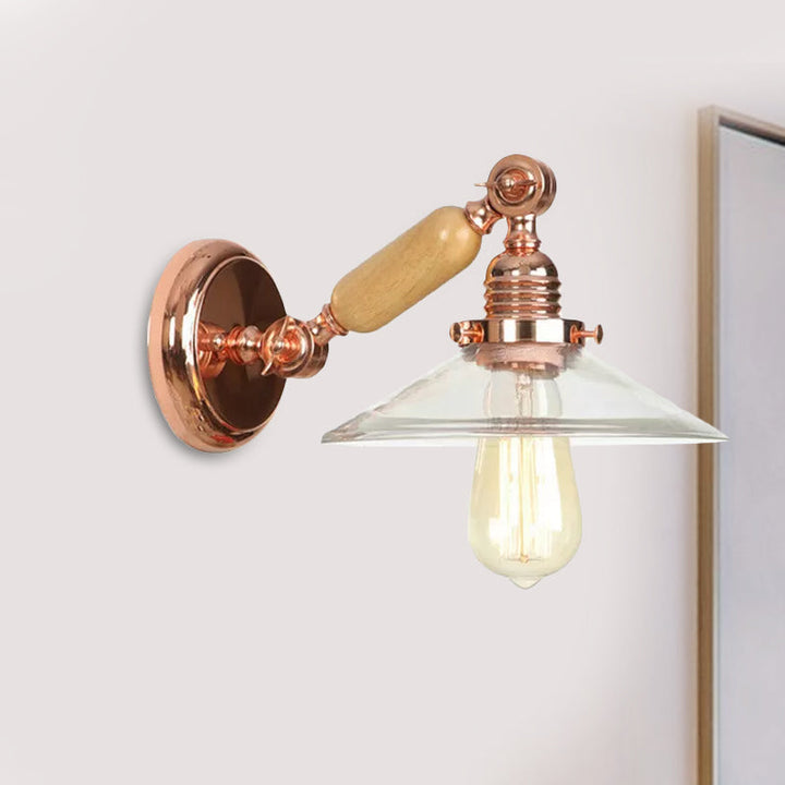 BowLift | 1 Light Clear Glass Wall Light Rustic Rose Gold Cone Living Room Lighting with Rotatable Arm