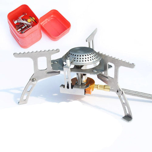 compact foldable backpacking gas stove with braided fuel hose and protective case Bowlift