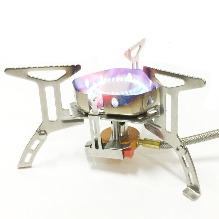 stainless steel folding backpacking gas stove with braided fuel hose and windproof simmer-control regulator Bowlift
