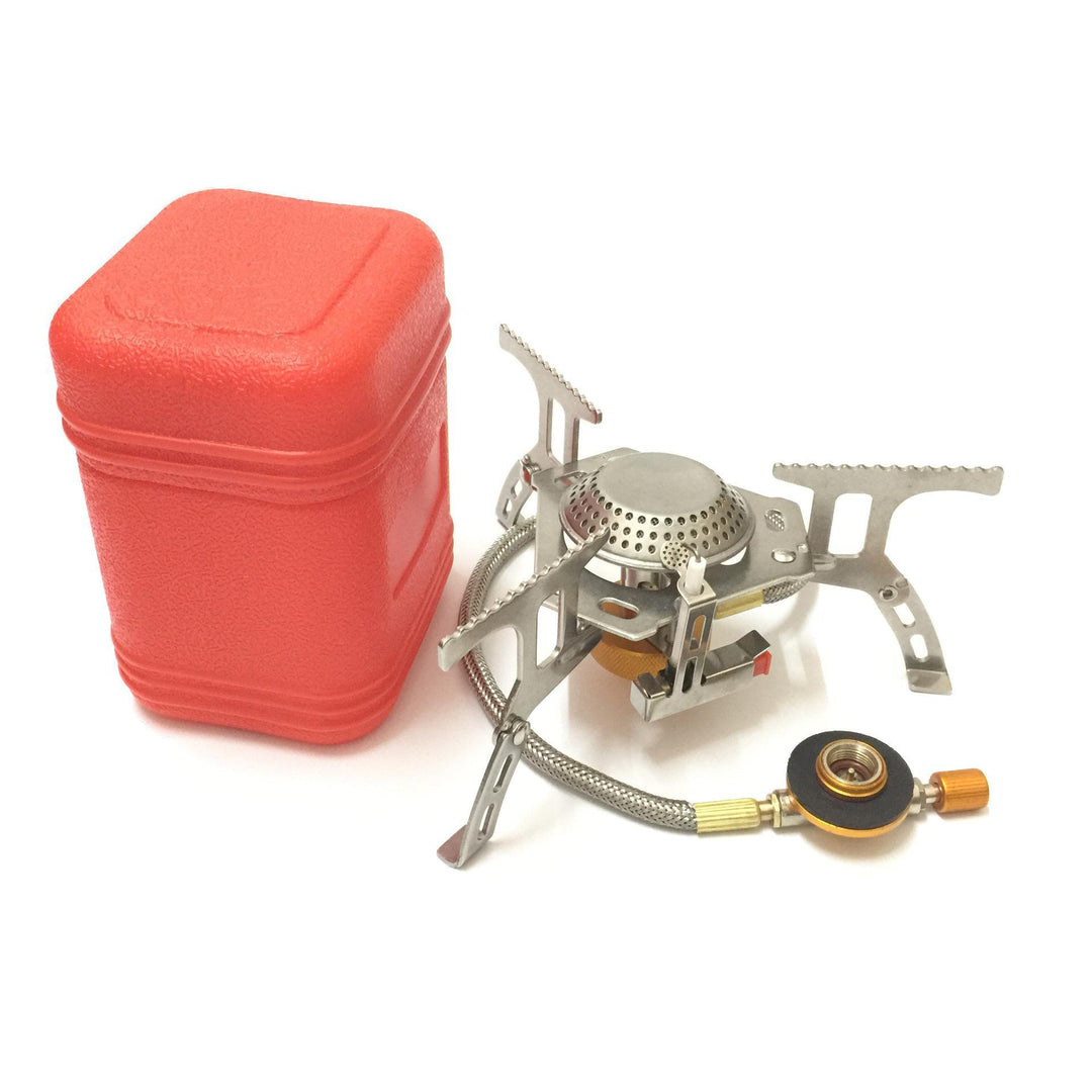 compact foldable backpacking gas stove with braided fuel hose and protective case Bowlift