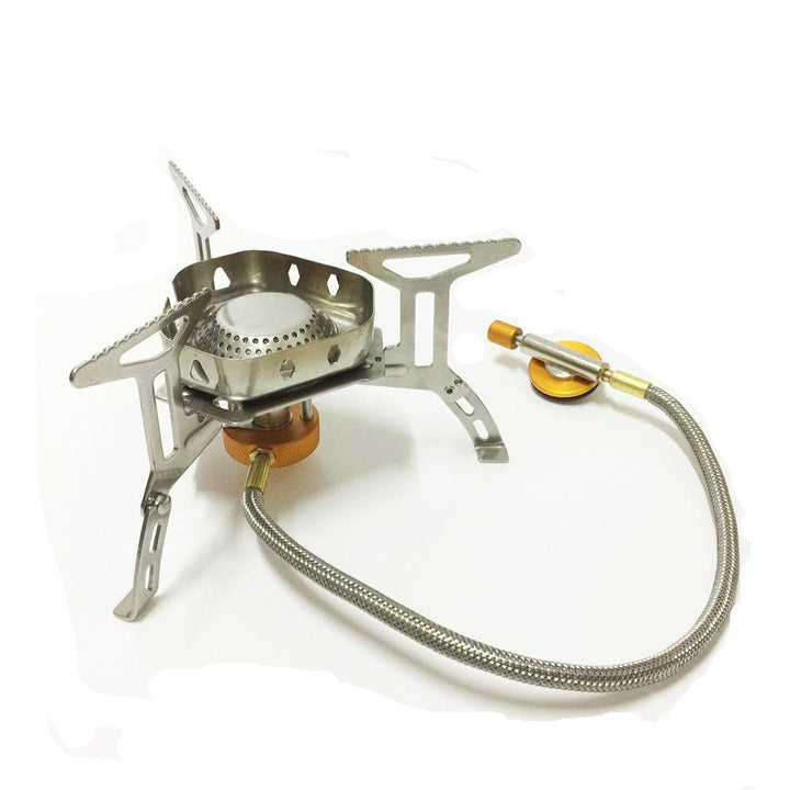 stainless steel folding backpacking gas stove with braided fuel hose and windproof simmer-control regulator Bowlift