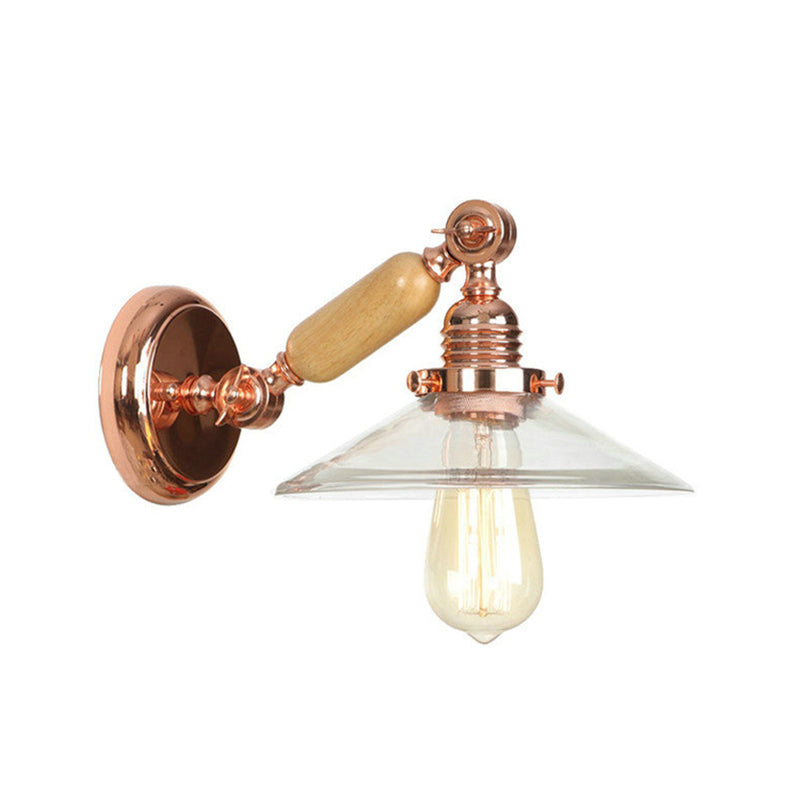 BowLift | 1 Light Clear Glass Wall Light Rustic Rose Gold Cone Living Room Lighting with Rotatable Arm