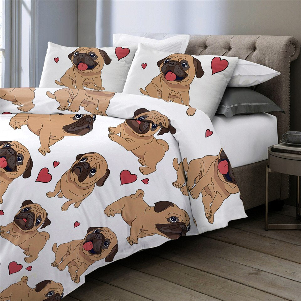 BowLift | 3pcs Hippie Pug Puppy Cartoon Comfortable Duvet Cover Bedding Set