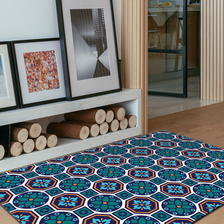 BowLift | Eastern geometric floral pattern rug in green Moroccan rug polyester non-slip backing rug for bedroom