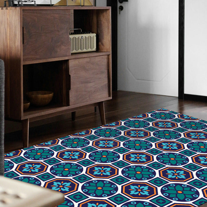 BowLift | Eastern geometric floral pattern rug in green Moroccan rug polyester non-slip backing rug for bedroom