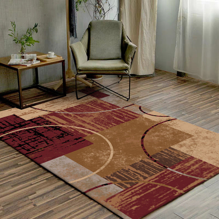 Nordic Modern Carpet in Brown and Red Abstract Circle Rectangle Print Carpet Polyester Washable Carpet for Home Decor | Bowlift