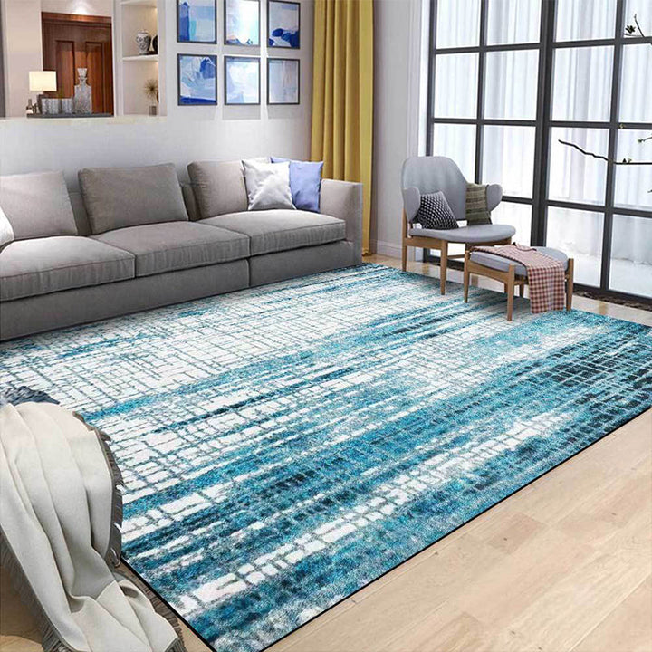 New Modern Rug in Blue and White Abstract Plaid Stripe Print Rug Polyester Washable Rug for Home Decor | Bowlift