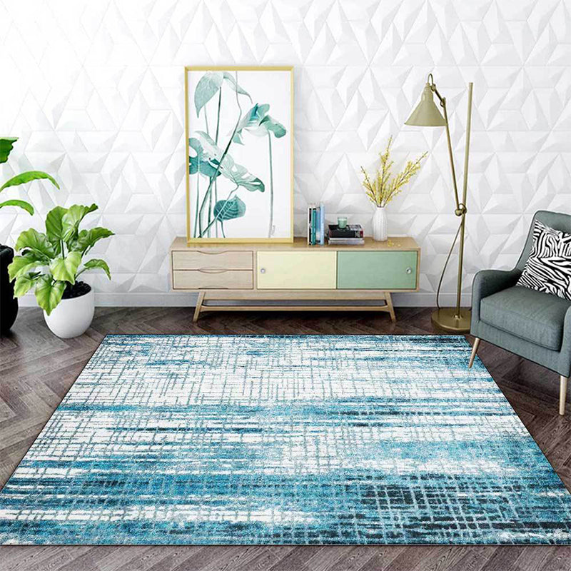 New Modern Rug in Blue and White Abstract Plaid Stripe Print Rug Polyester Washable Rug for Home Decor | Bowlift