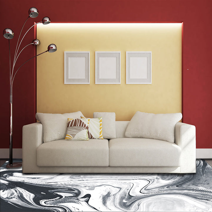 Modern Living Room Carpet in Black and White Abstract Oil Painting Pattern Carpet Polyester Washable Carpet | Bowlift
