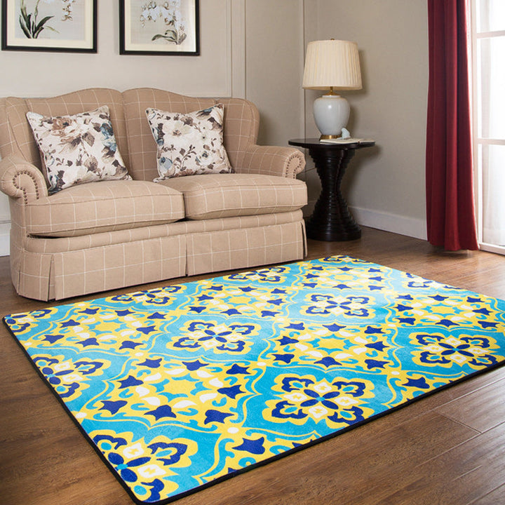 BowLift | Moroccan Living Room Wallpaper in Blue Geometric Floral Design Carpet Polyester Non-Slip Area Rug