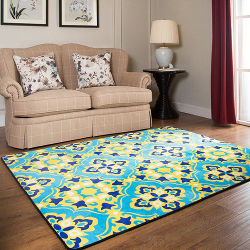 BowLift | Moroccan Living Room Wallpaper in Blue Geometric Floral Design Carpet Polyester Non-Slip Area Rug