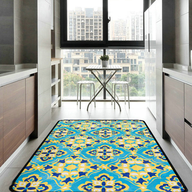 BowLift | Moroccan Living Room Wallpaper in Blue Geometric Floral Design Carpet Polyester Non-Slip Area Rug