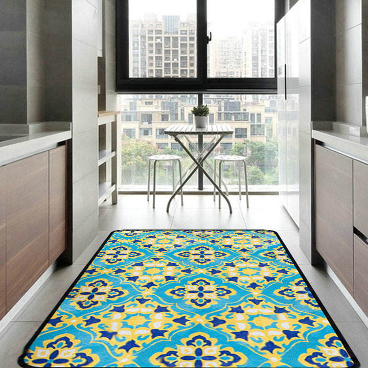 BowLift | Moroccan Living Room Wallpaper in Blue Geometric Floral Design Carpet Polyester Non-Slip Area Rug